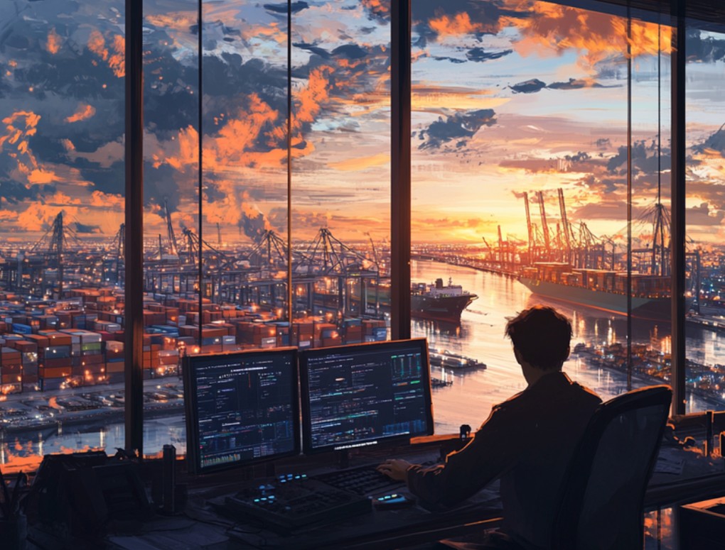 Professional at monitors overlooking a port at sunset—analytics and operations research in Houston